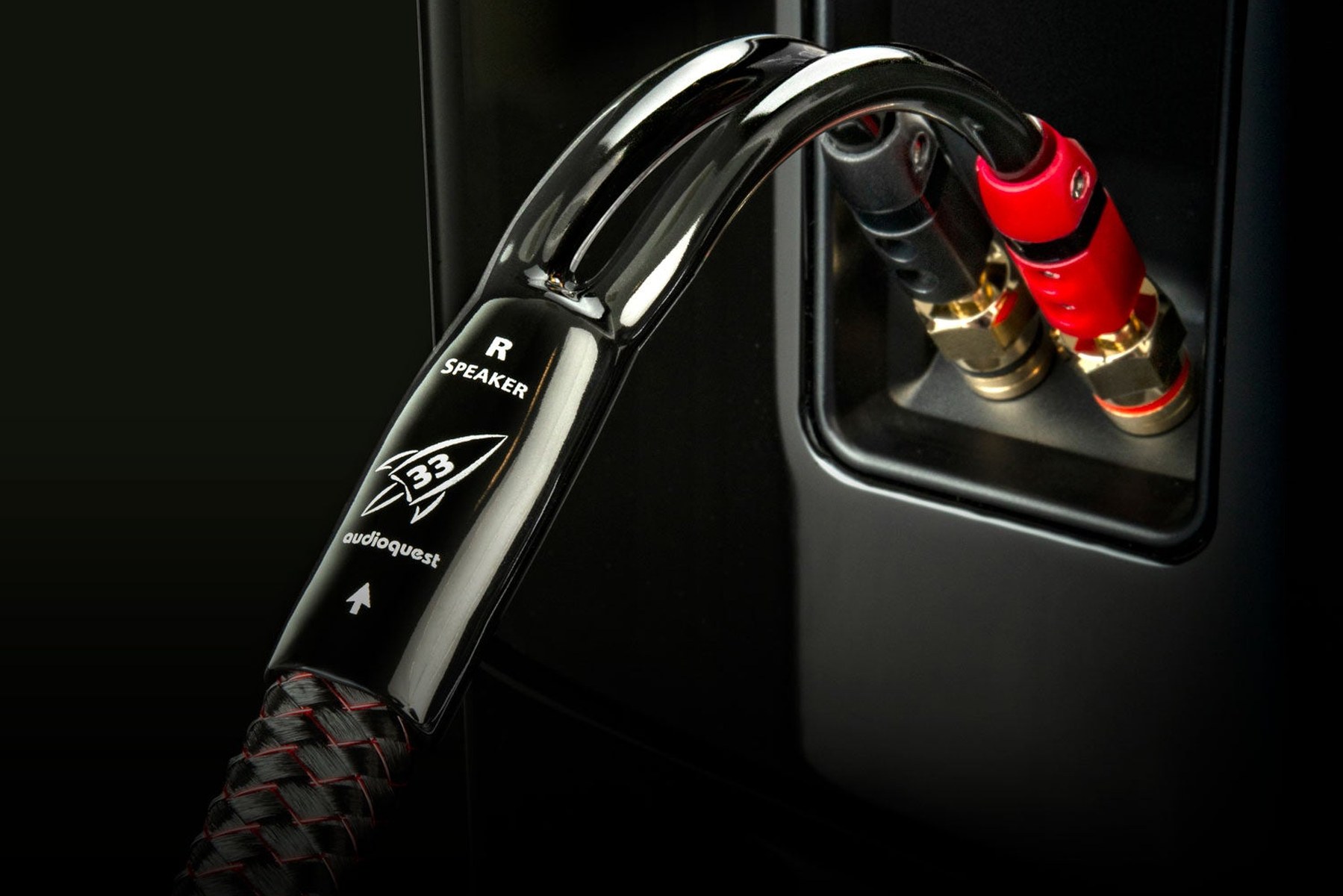 AudioQuest Rocket 33 speaker cable connected to speaker terminals