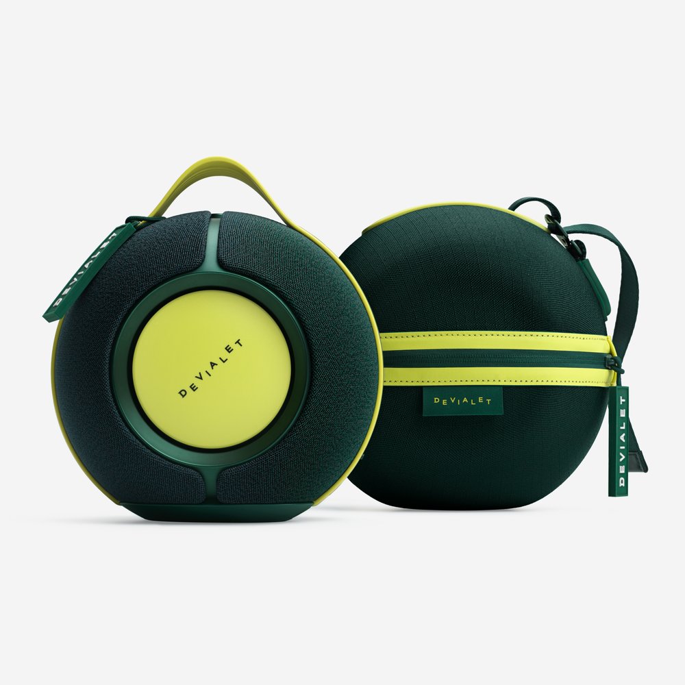 Devialet Mania portable speaker in Moss Green with its Cocoon carrying case