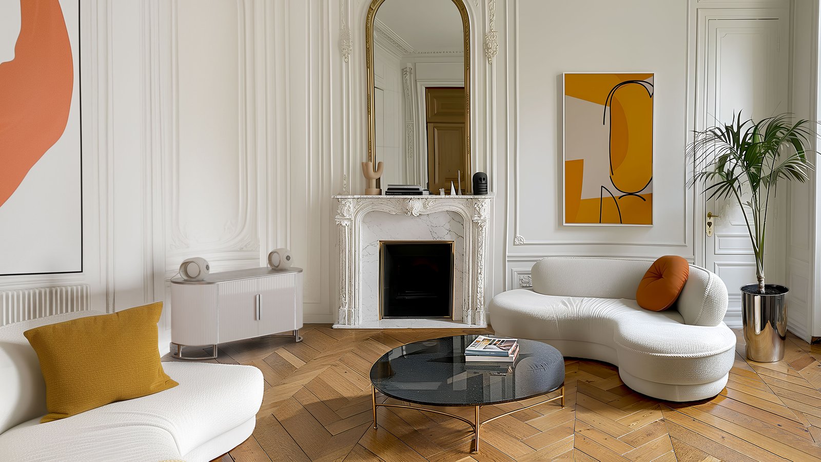 Pair of Devialet Phantom Ultimate speakers in a bright Parisian-style living room