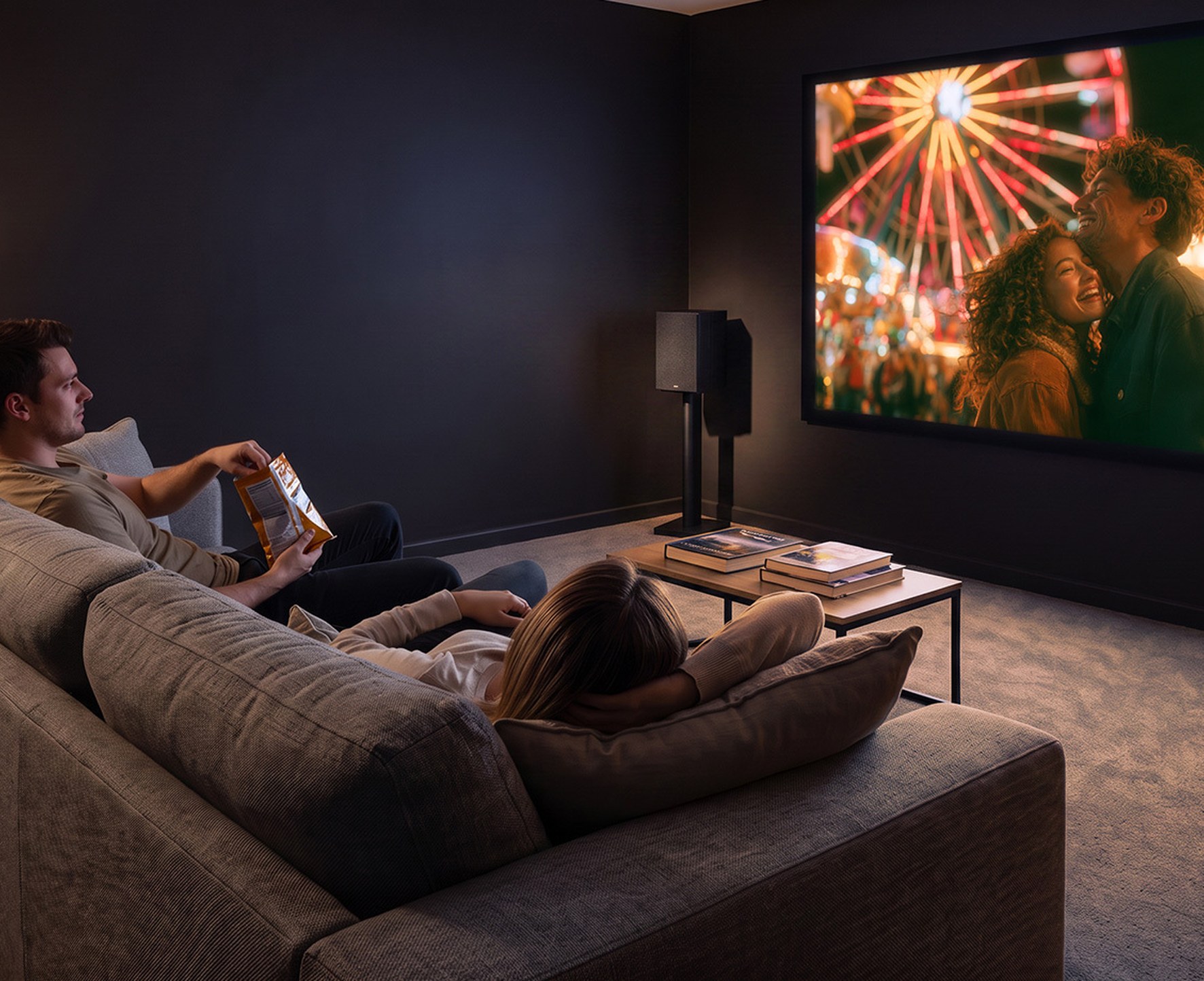 Family watching a large projected image in a home theatre