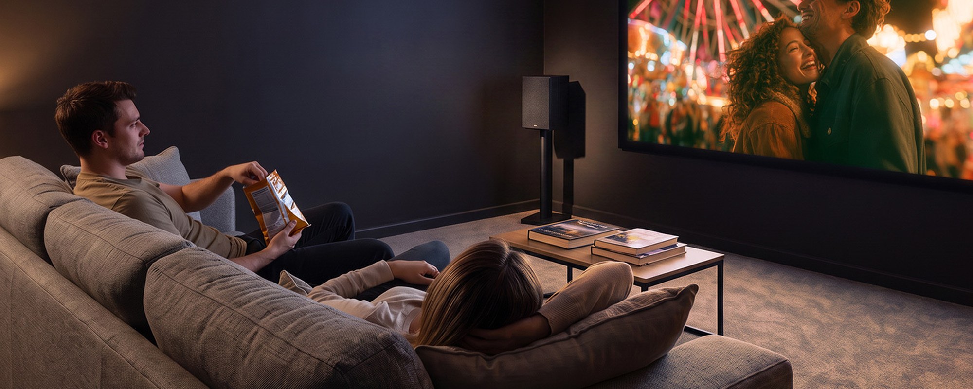 Couple watching a bright projected movie in a living room