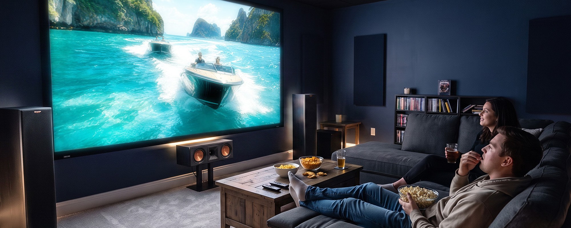 Family watching a projected image in a home theatre