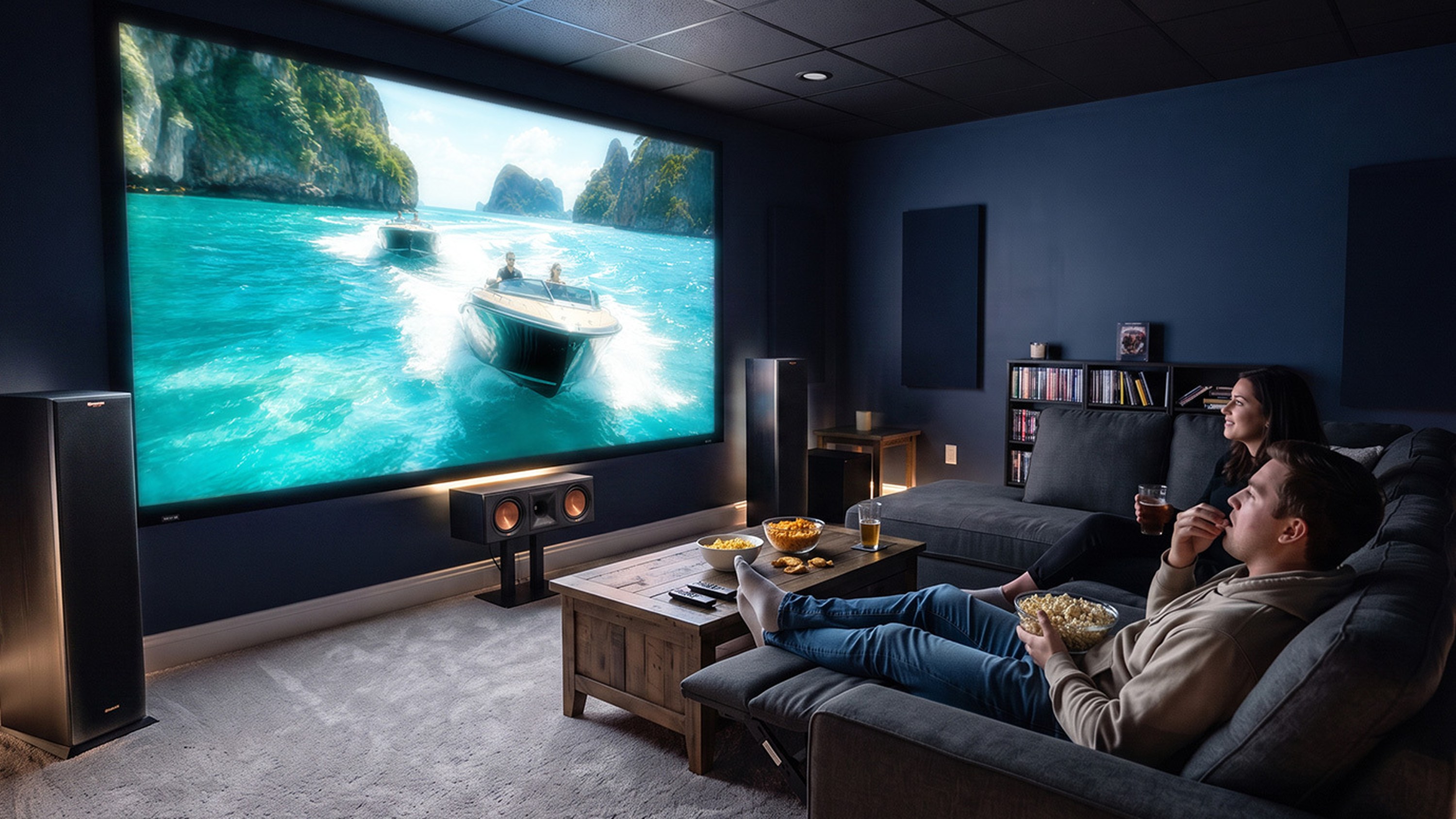 Home theatre with a large projection screen and lounge seating