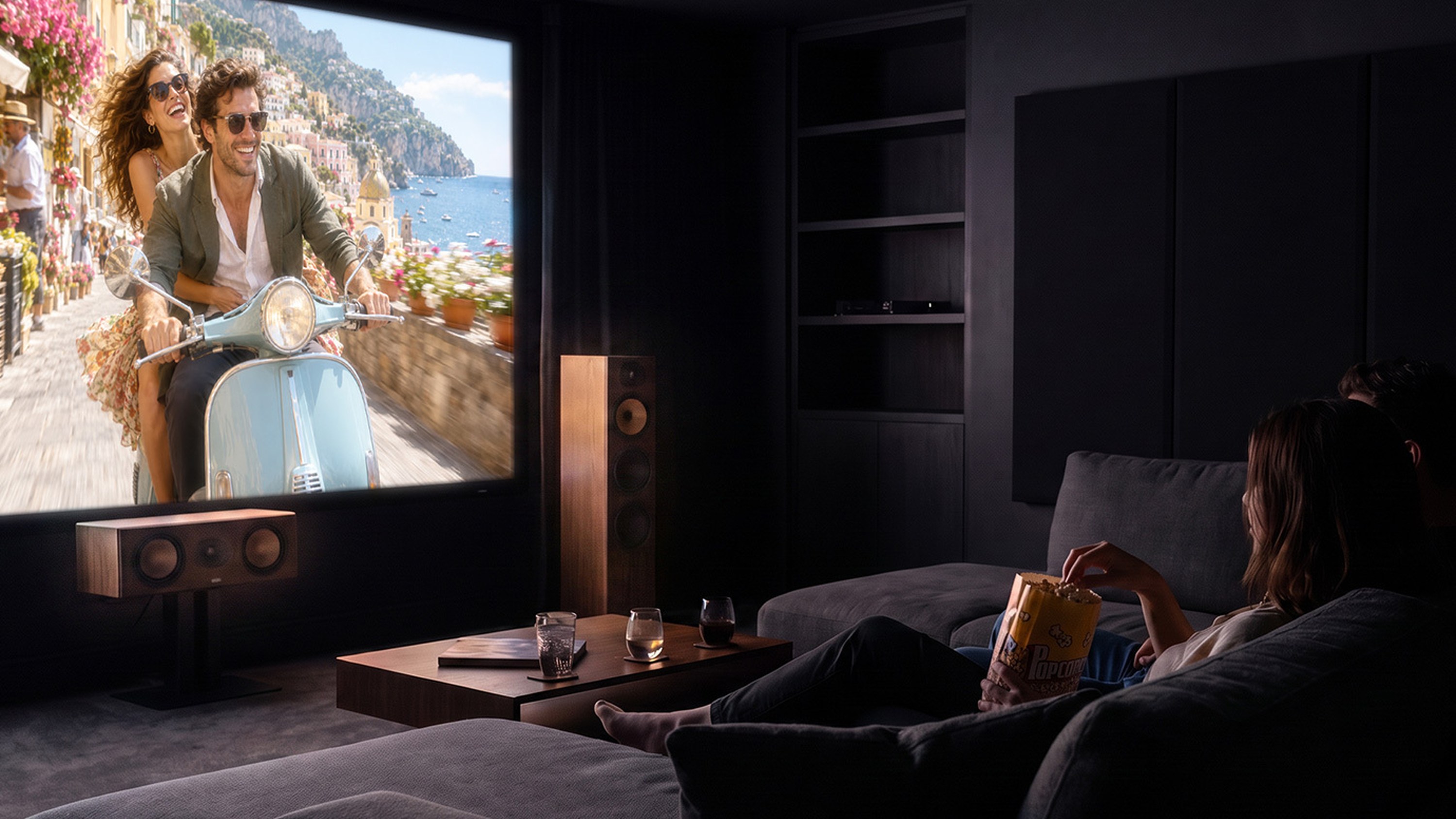 Projected movie on a large screen in a home theatre