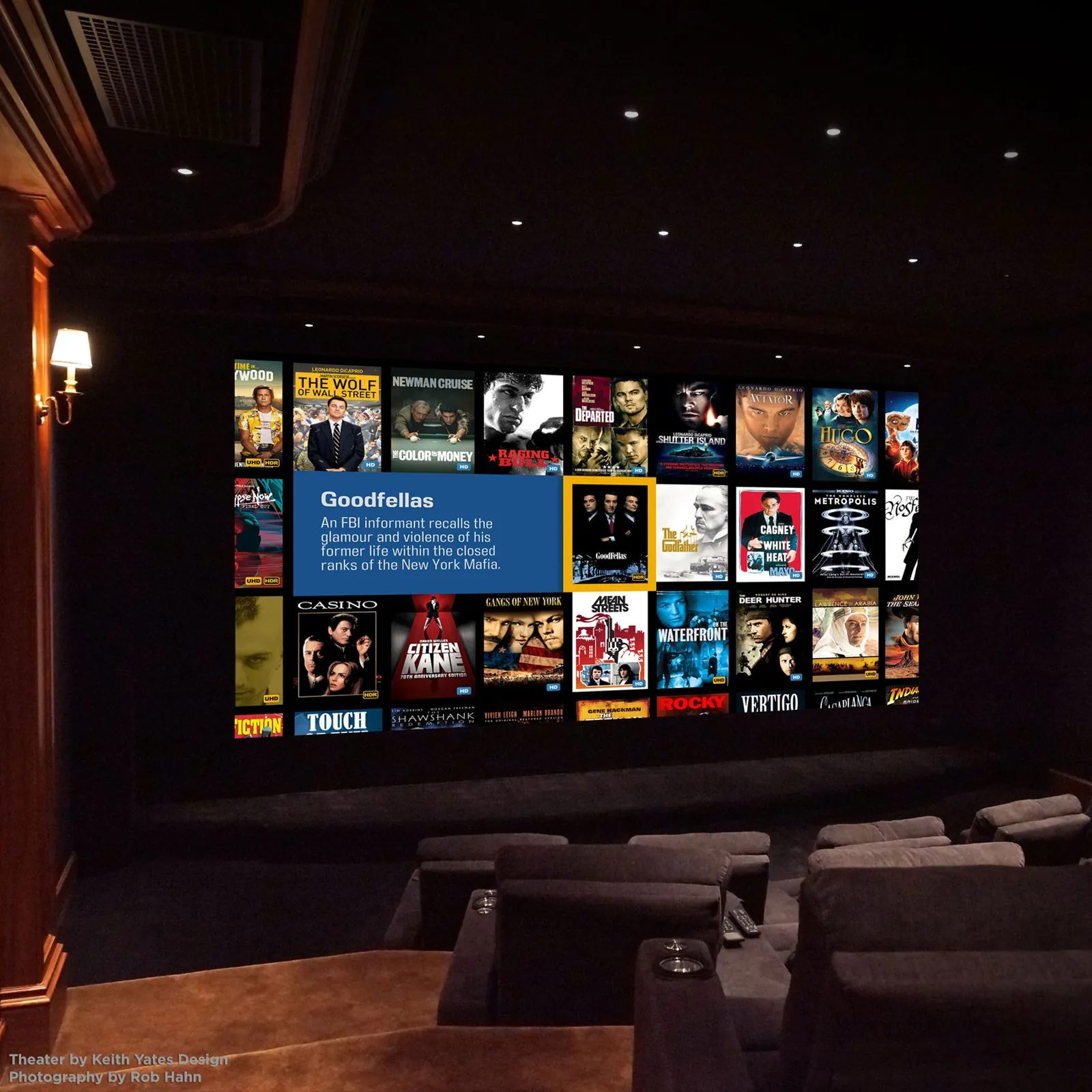 Private home theatre with the Kaleidescape movie library on screen