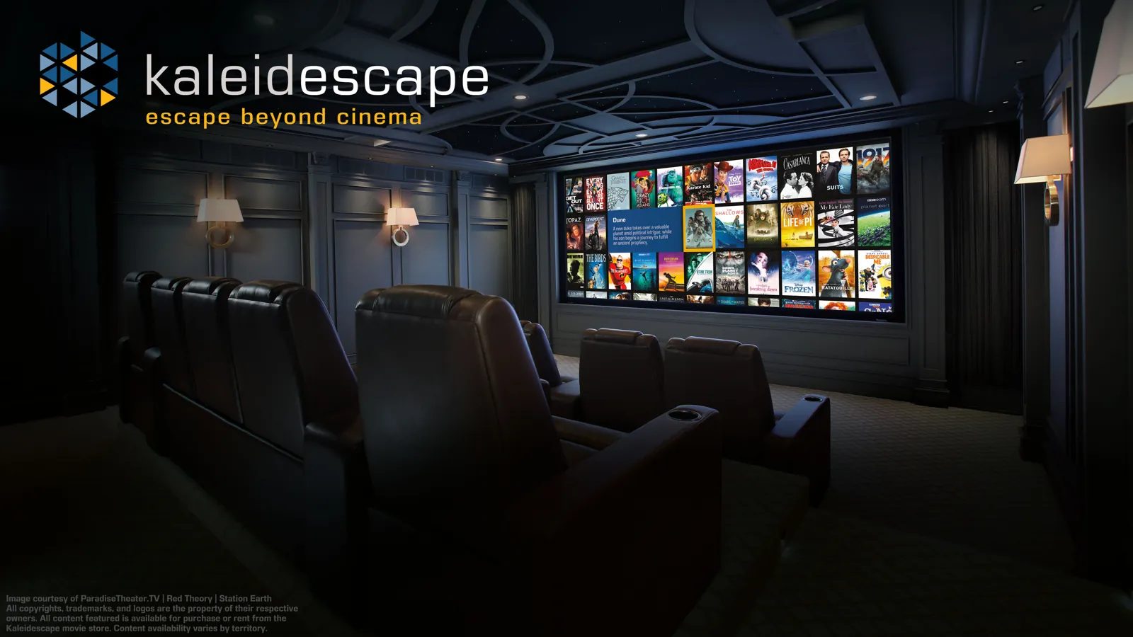 Home theatre with a Kaleidescape movie library of cover art on the screen