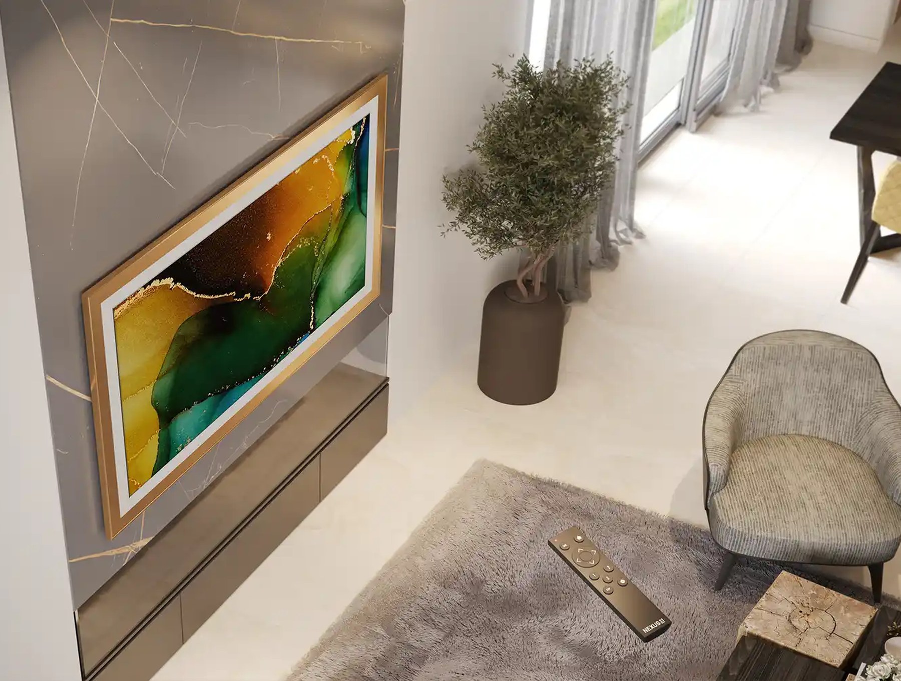 Nexus 21 Apex motorized TV mount extended in a living room