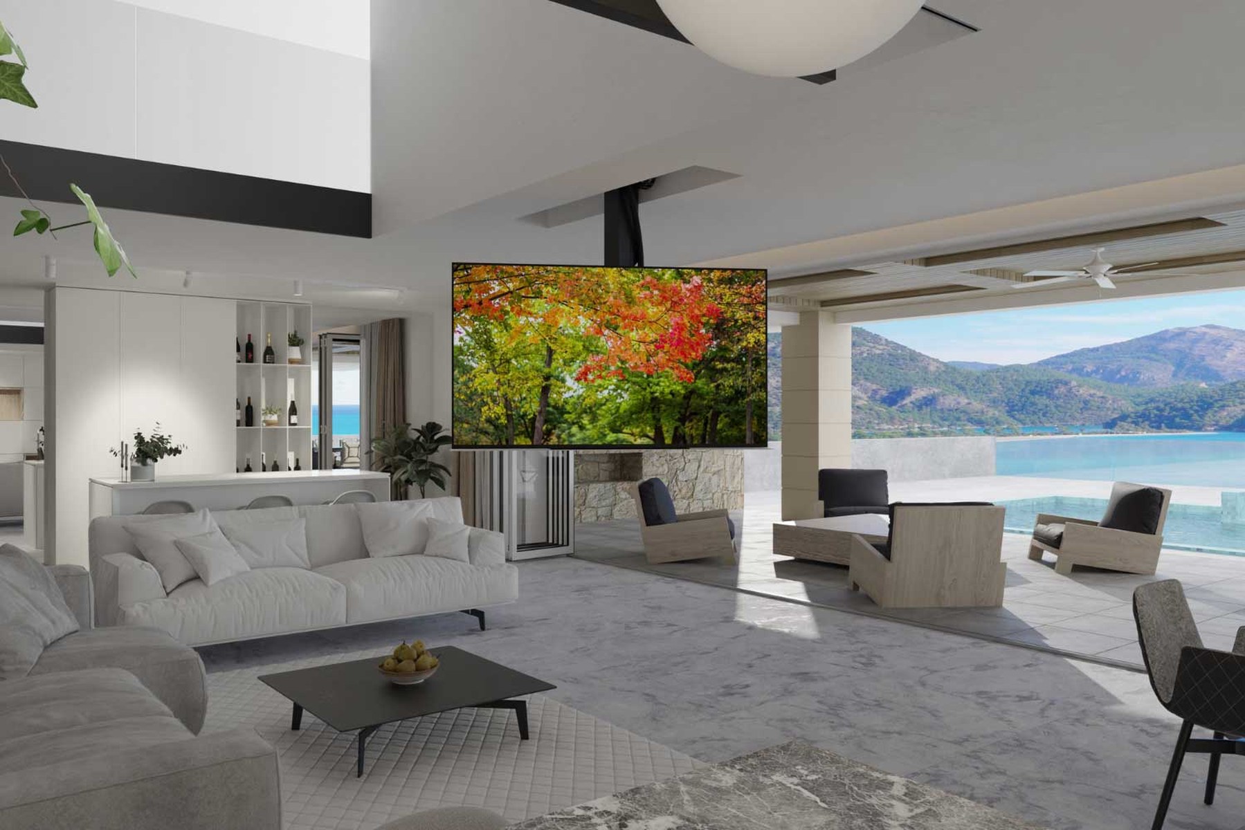 Nexus 21 L-77ix drop-down ceiling TV lift in an open-concept living room