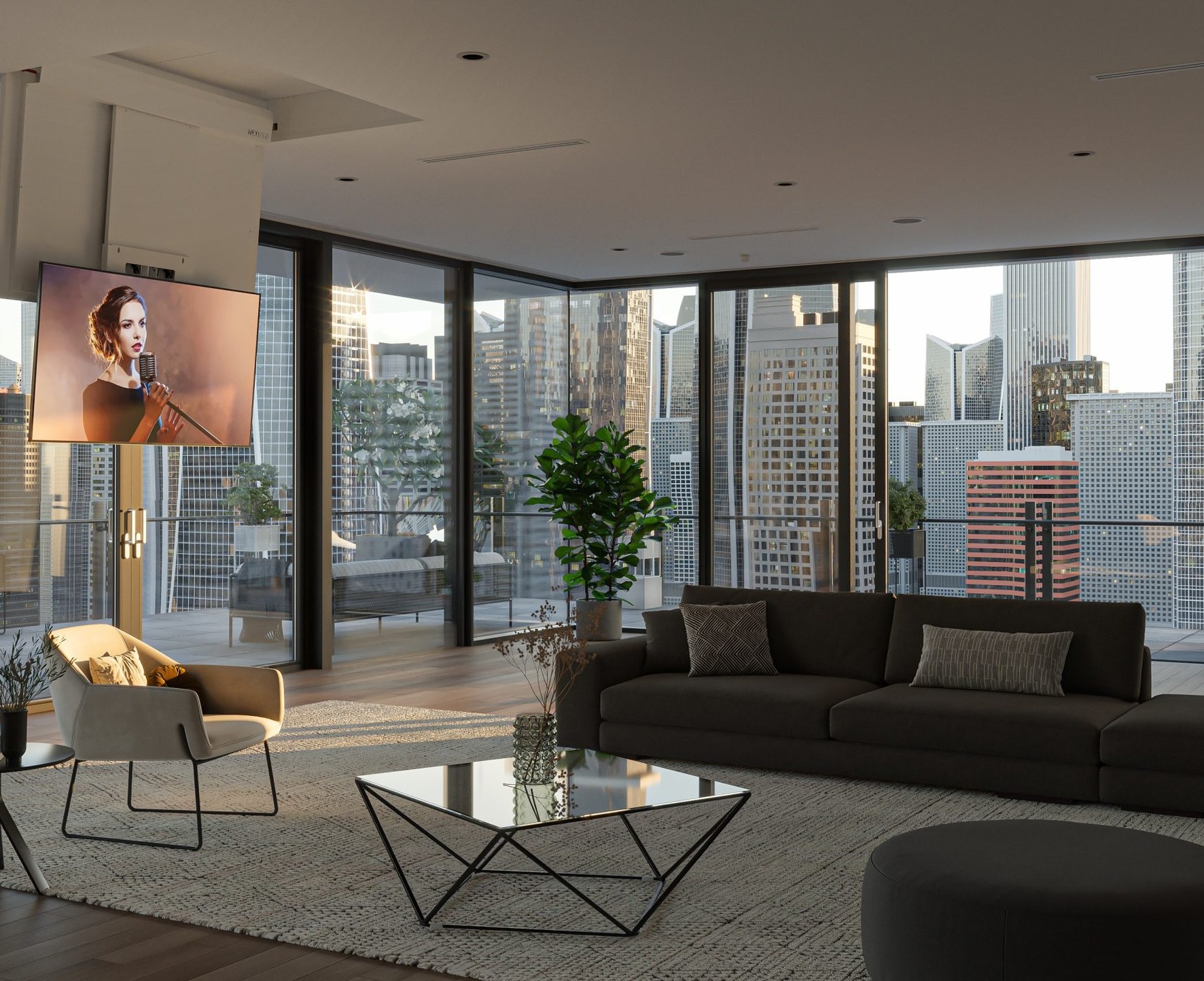 Nexus 21 CL-65e flip-down ceiling TV lift in a condo living room