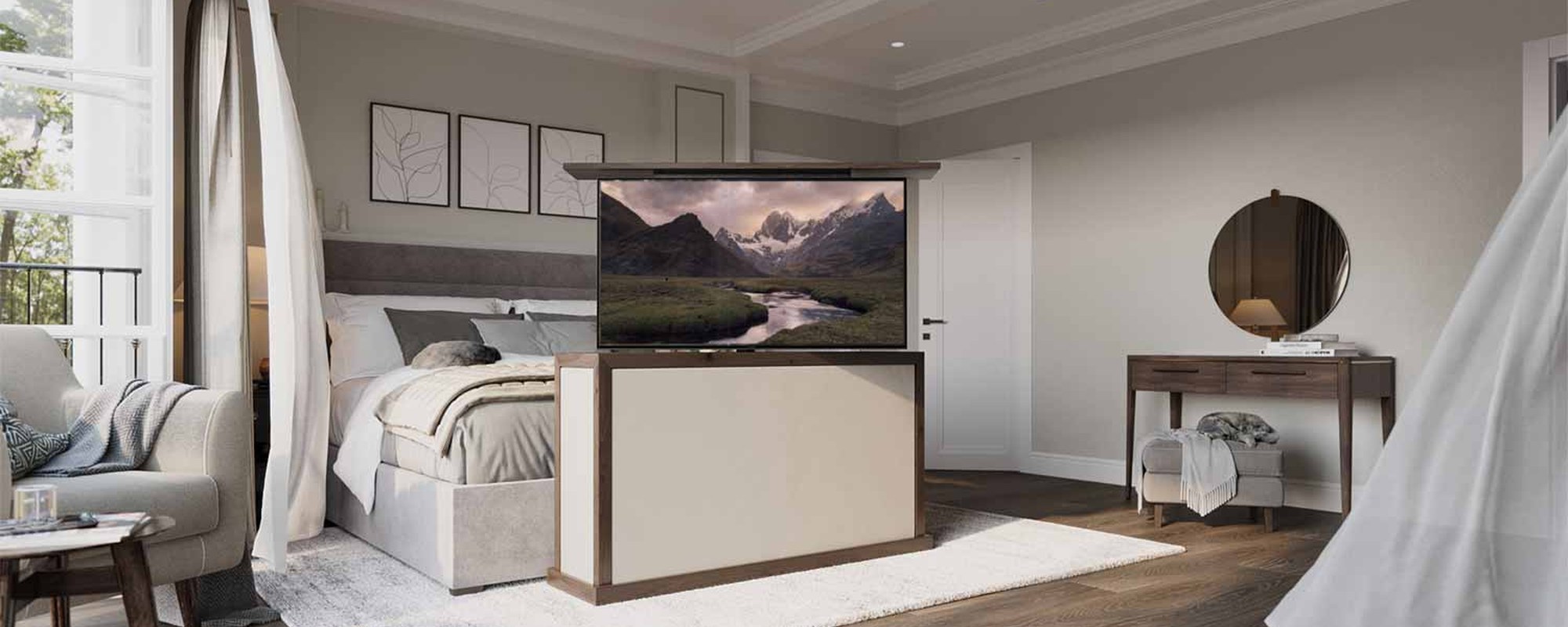 Nexus 21 pop-up TV lift at the foot of a bed