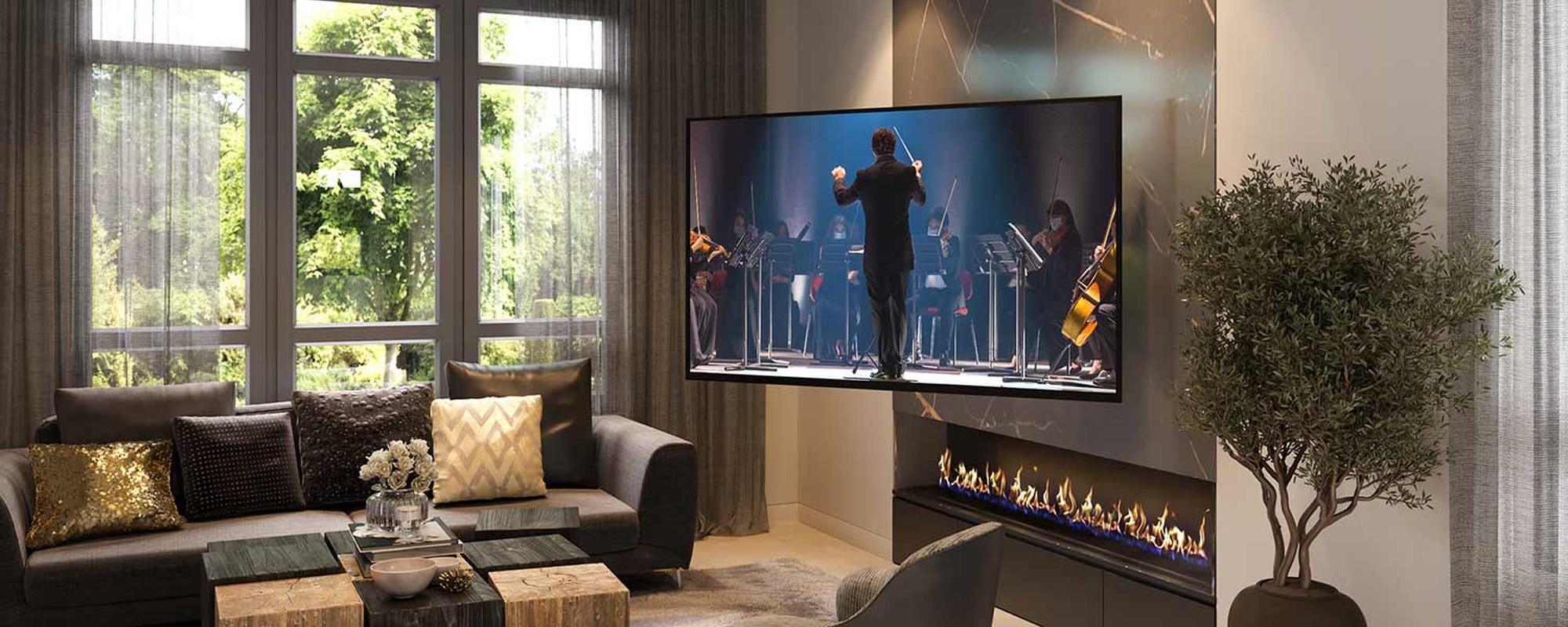 Nexus 21 Apex motorized wall mount extended and swivelled toward the sofa
