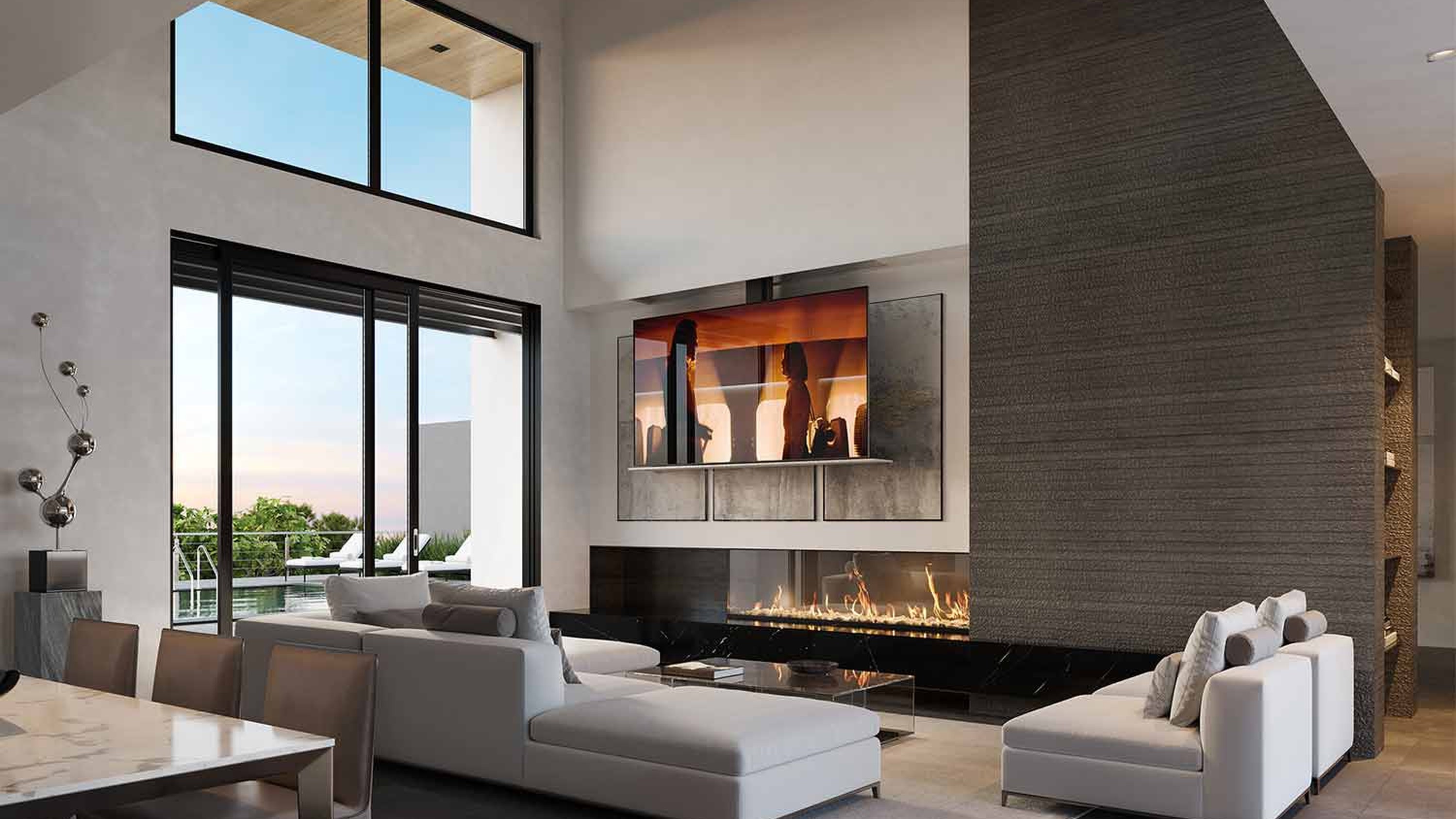 Nexus 21 L-77i drop-down ceiling TV lift lowered over a fireplace
