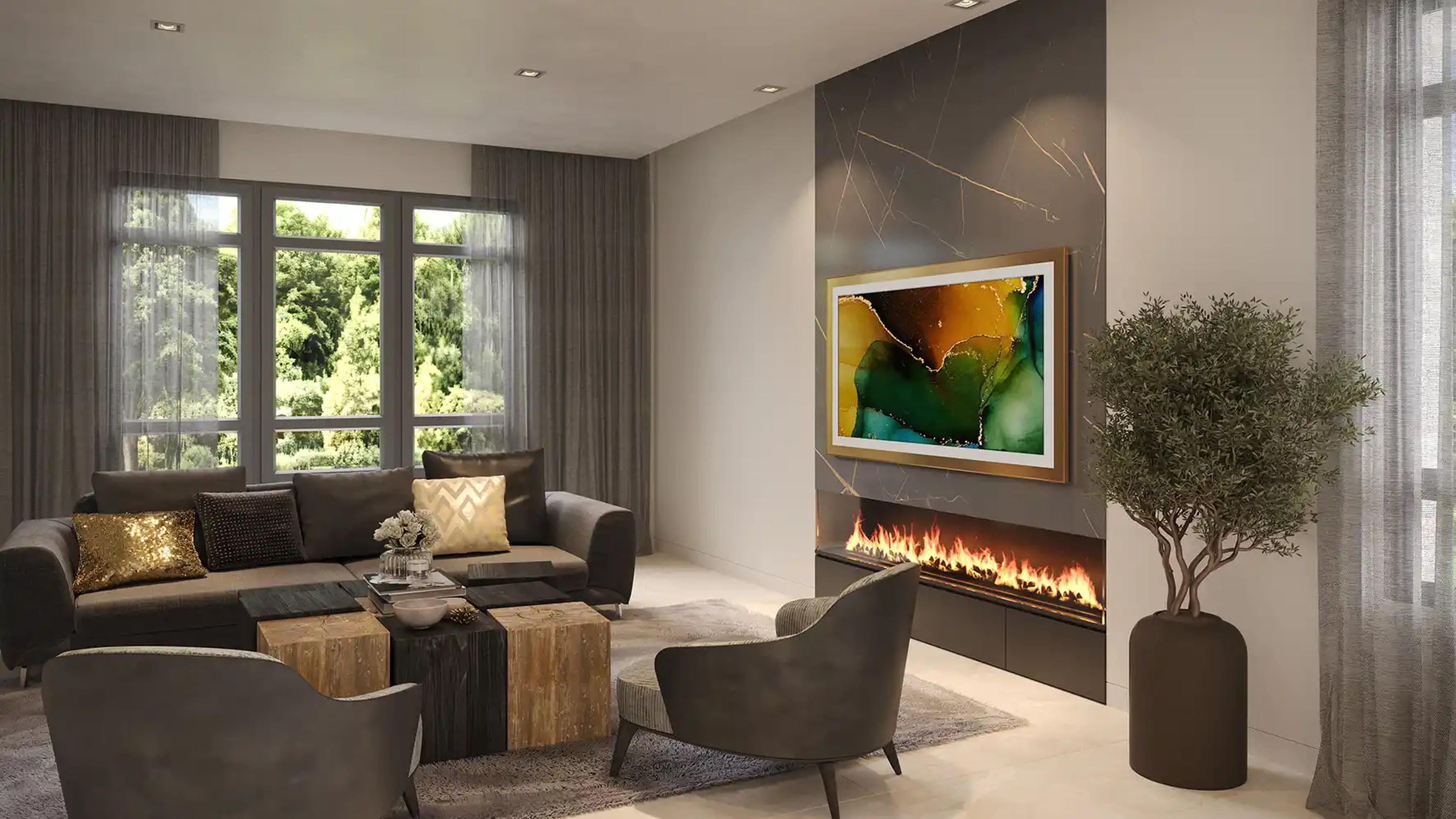 Nexus 21 Apex motorized wall mount with a TV over a linear fireplace