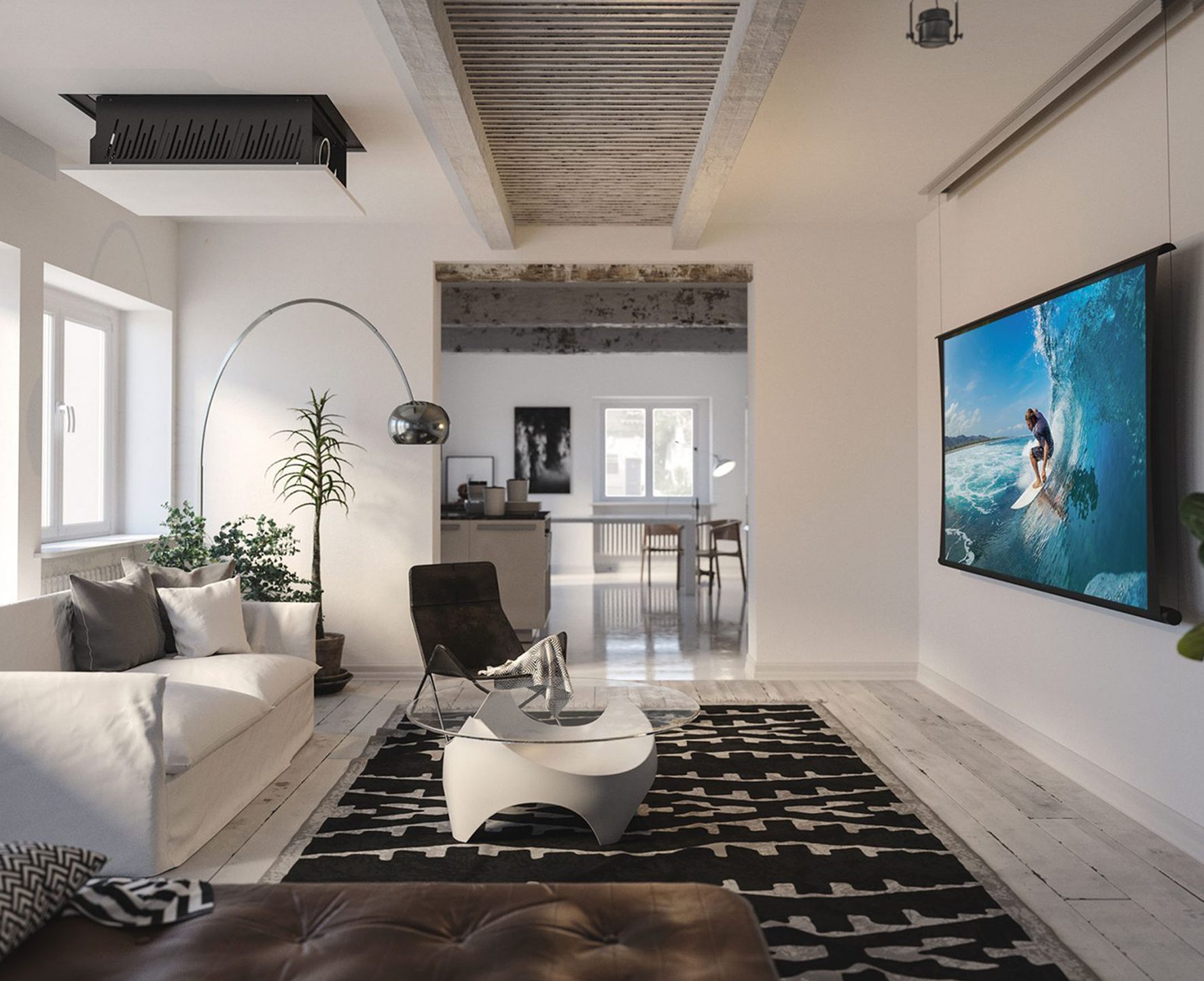Screen Innovations Zero-G levitating motorized screen in a media room
