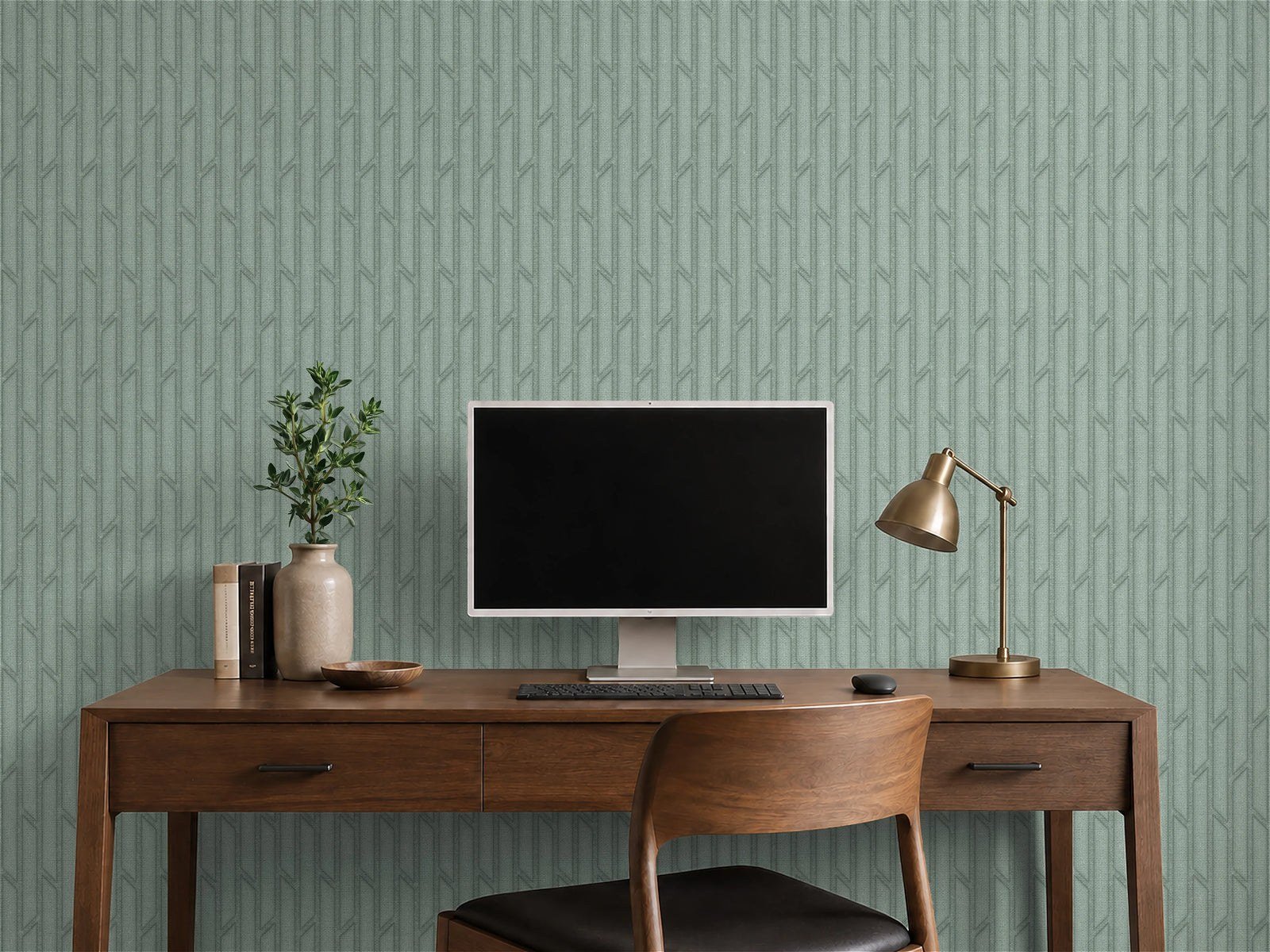 Vicoustic embossed acoustic wall panels behind a home office desk