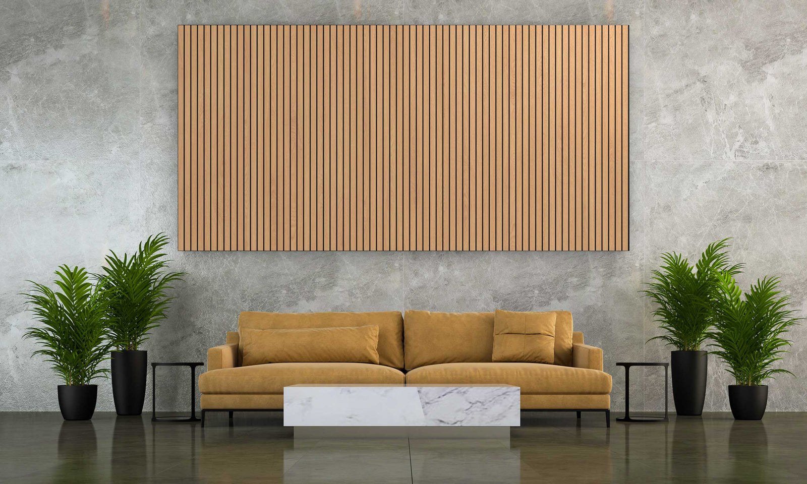Wood-slat acoustic wall panel above a sofa in a modern living room
