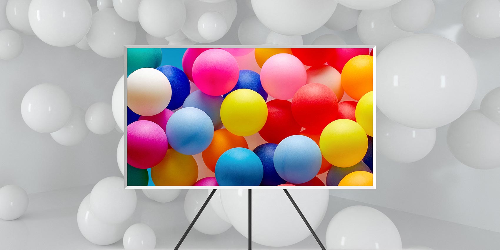Samsung The Frame TV showing colourful balloons in Quantum Dot colour