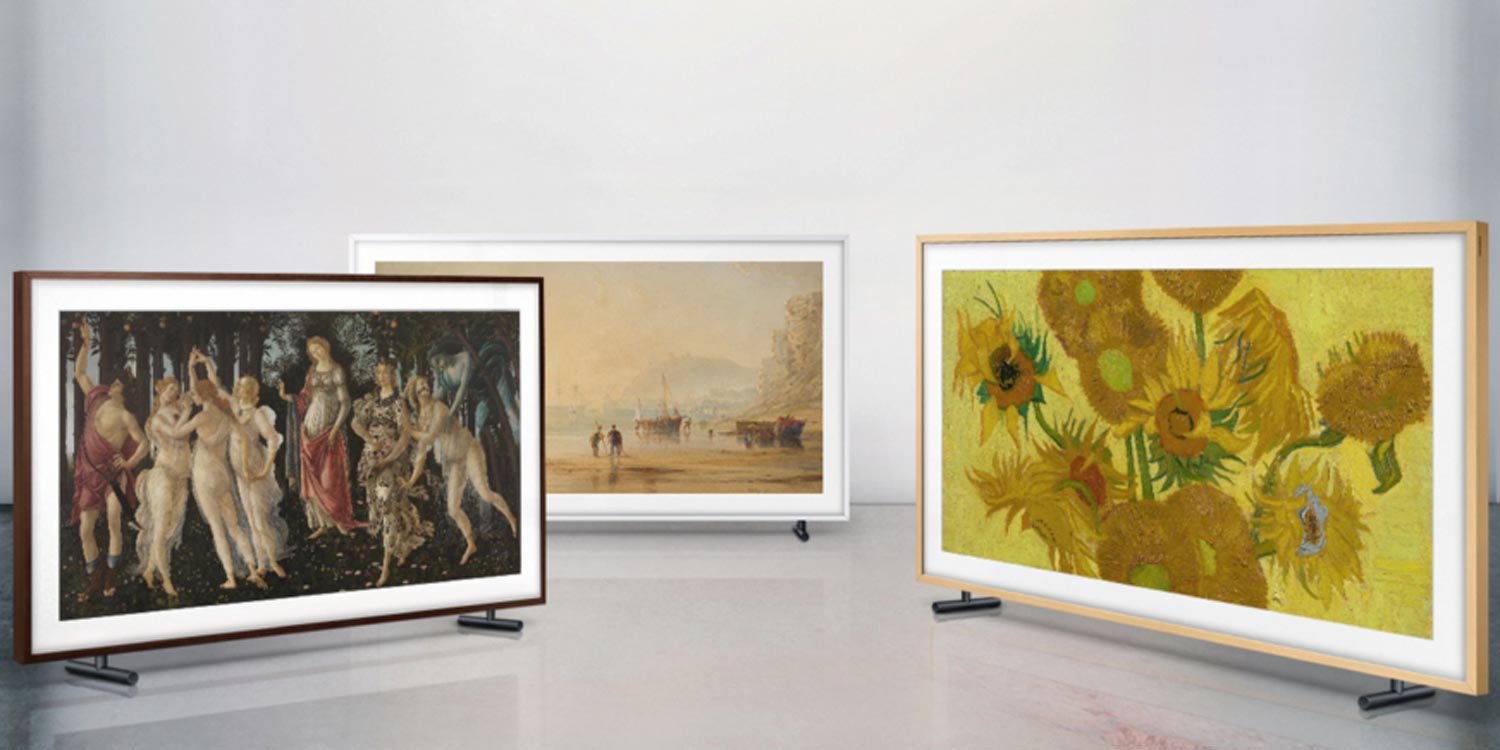 Three Samsung The Frame TVs displaying artwork from the Art Store