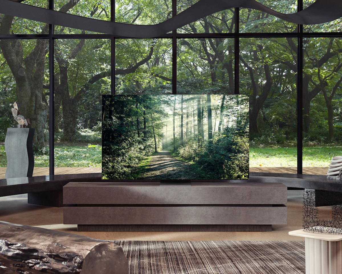 Samsung Neo QLED TV showing a detailed forest scene