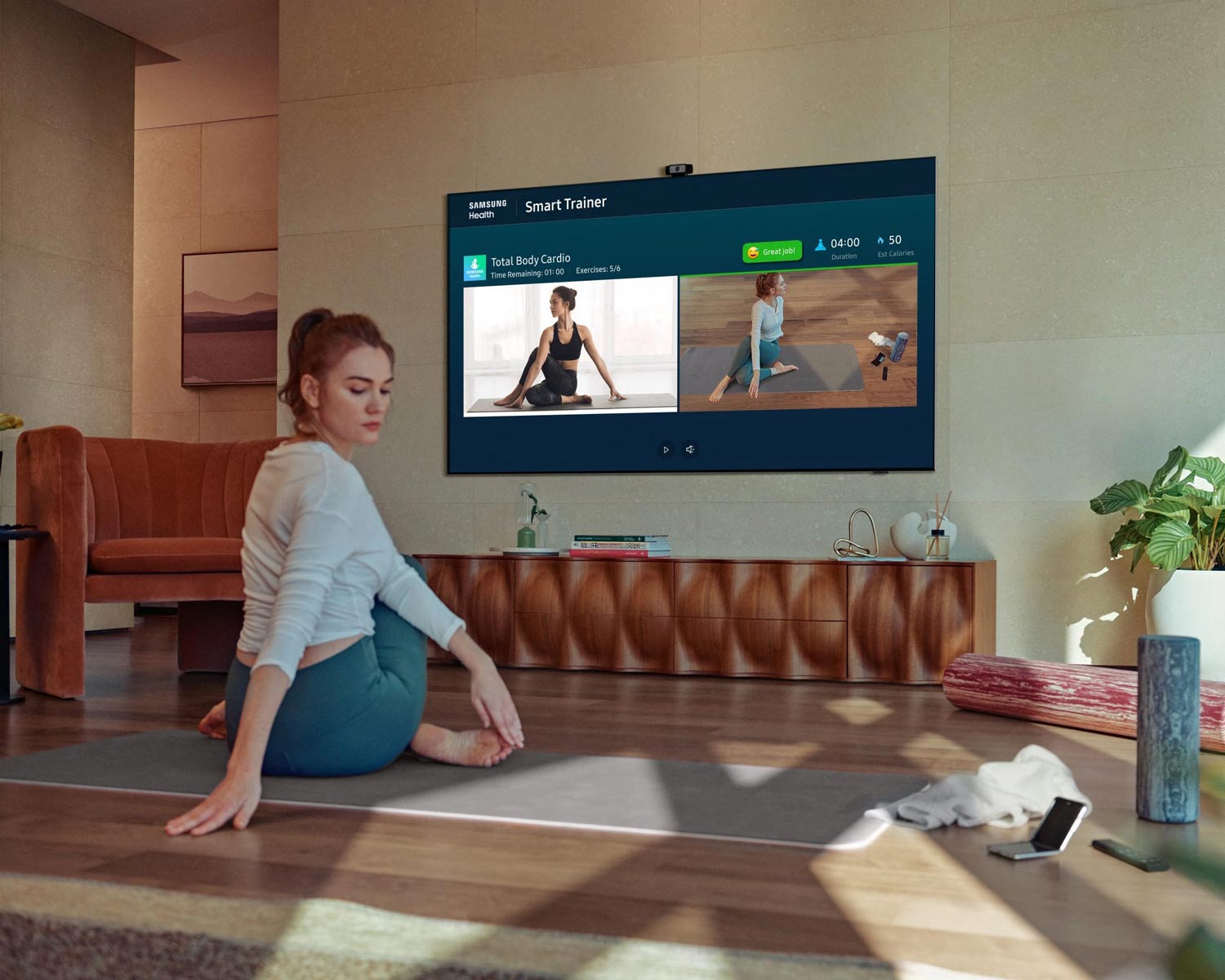 Samsung smart TV streaming a workout video