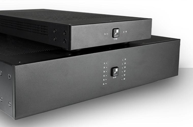 Two black rack-mounted audio amplifiers stacked