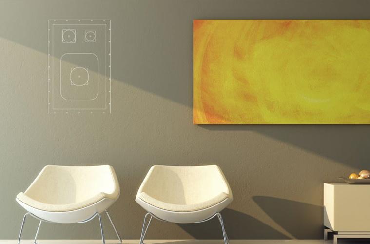 Minimalist room with two white chairs and hidden speaker outline on wall