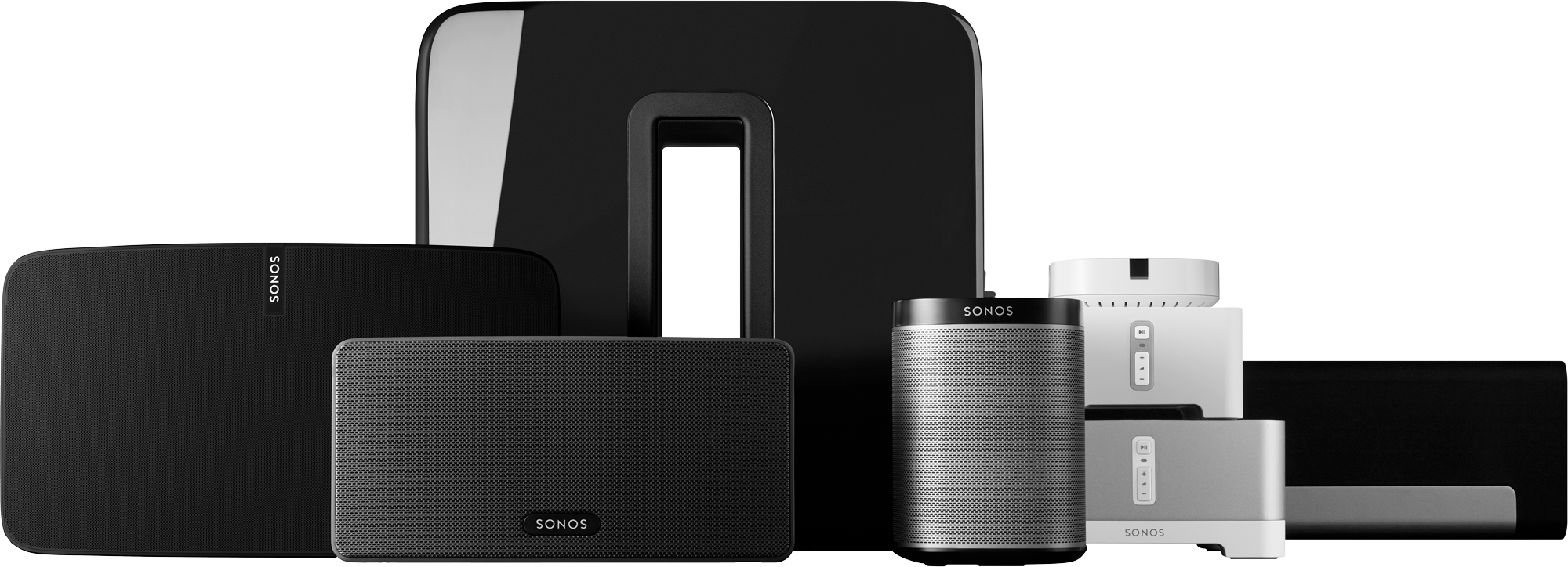 Sonos product family: soundbars, speakers, sub and Amp