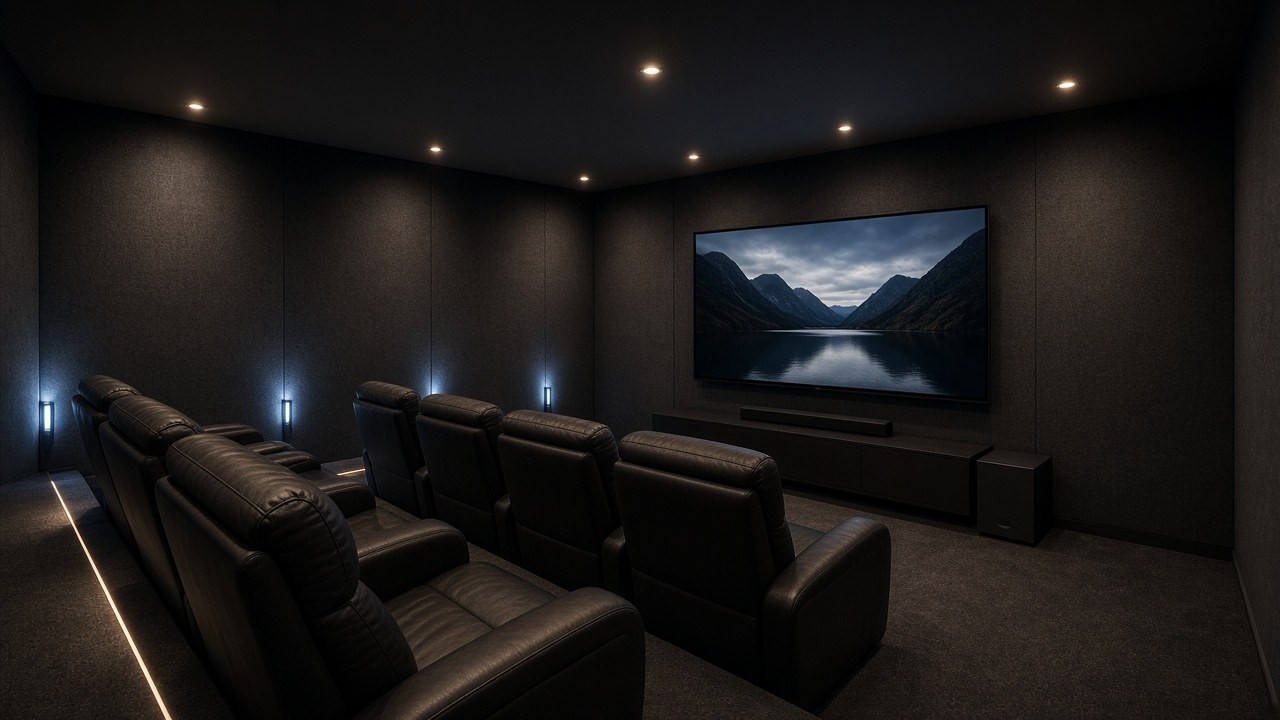 A basement home theatre room with a large screen and tiered seating