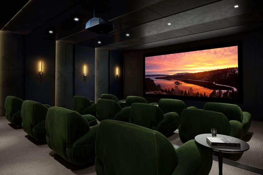 A luxurious home theater design showing a stunning screen and comfortable seating.