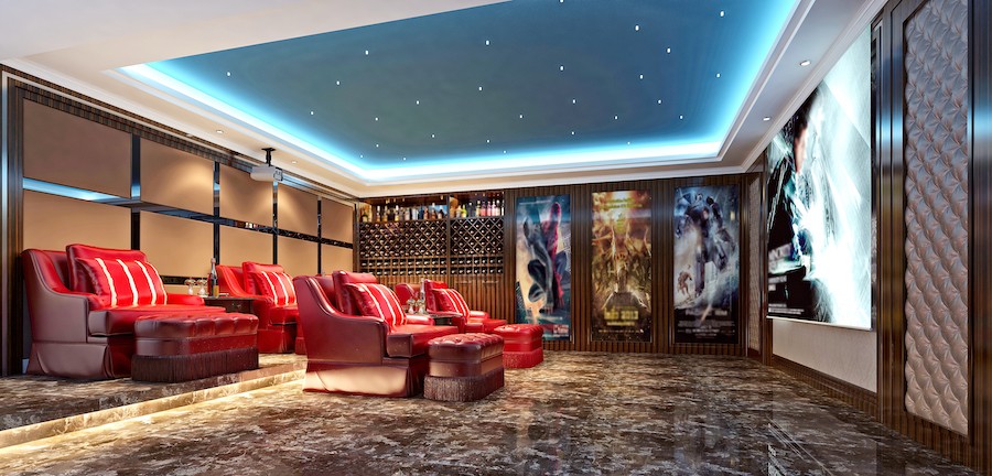 Home theater with luxury red seating and star ceiling