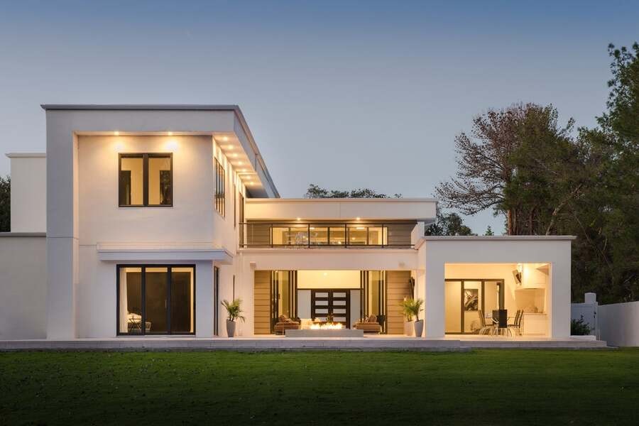 A luxurious home illuminated by a Lutron HomeWorks system.